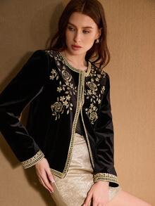 MOTF PREMIUM BLACK VELVET EMBROIDERED FLORAL PATCHWORK JACKET - Black - View 5