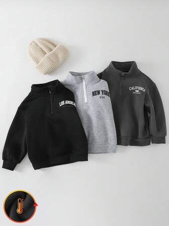 THE HAPPY LOOK 3pcs/Set Boys' Letter Graphic Soft Knit Crew Neck Long Sleeve Half-Zip Pullover Sweatshirt