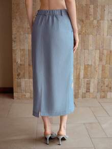 MOTF PREMIUM WOMEN'S EMBROIDERED A-LINE SKIRT WITH SPLIT - Blue - View 3