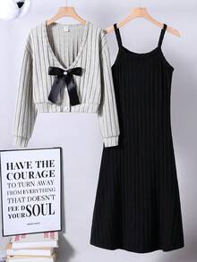 Sparklyn 少女休闲百搭优雅蝴蝶结外套+针织罗纹连衣裙两件套，秋冬款 - 杏色 - 查看 2