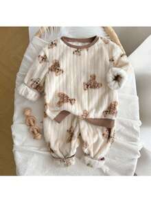 Loomiva 2件套男婴卡通熊图案抓绒圆领长袖卫衣和松紧腰裤套装 - 彩色 - 查看 1