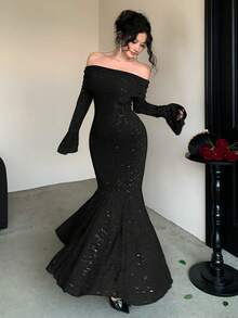 DAZY 优雅亮片露肩鱼尾中长连衣裙，秋季女装 - 黑色 - 查看 10