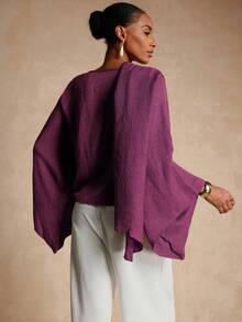 Vesra 优雅不对称裹身式纯色垂褶长袖上衣 - 中紫紅色 - 查看 2