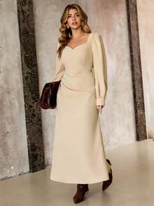 Roveilla 大码女士优雅黄色方领泡泡袖收腰连衣裙，春秋季 - 卡其色 - 查看 4