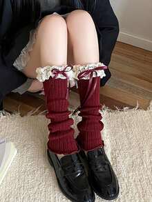 ROMWE Gothic Style Thick Knitted Flared Cuff Mid-Calf Leg Warmers For Women, Autumn/Winter - Burgundy - View 3