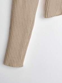 GlowEve 新款女士V领开衫，欧美风撞色优雅简约时尚针织上衣 - 卡其色 - 查看 3