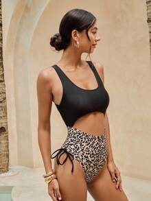 Swim Basics 2025 Women's Leopard Print Patchwork Cutout One-Piece Swimsuit, Random Print - Multicolor - View 8
