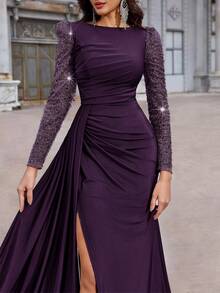 Aureia 优雅奢华亮片刺绣拼接弹力针织面料圆领褶皱薄纱长袖修身鱼尾高开衩连衣裙，适合单身派对、约会、舞会、生日、婚礼、正式场合、情人节等场合。 - 紫色 - 查看 7