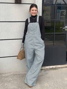 Dazy Plus 时尚条纹宽松休闲背带裤，带口袋，大码女式长款牛仔连体裤 - 藍色 - 查看 8