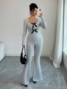 Elenzga 女士优雅蝴蝶结装饰撞色方领罗纹针织连体裤，秋冬季保暖