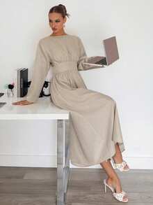 Siren Gaze Váy dài vừa phải hở lưng tay cánh dơi thường ngày dành cho nữ, váy cưới, váy công sở thường ngày, váy thường ngày dành cho nữ, váy phong cách Bohemian, váy tiệc trà, váy bó, váy dài tay - Màu be - Xem 3