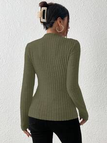 SHEIN Frenchy Mock Neck Ribbed Knit Textured Fabric Tee Winter,Fall,Fall Clothes For Women Green Christmas Casual Spring - Army Green - View 2