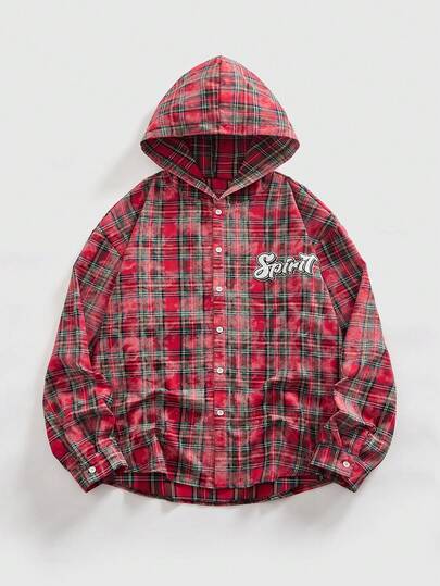 Men's Drop Shoulder Long Sleeve Button Front Plaid Casual Hoodie, Versatile