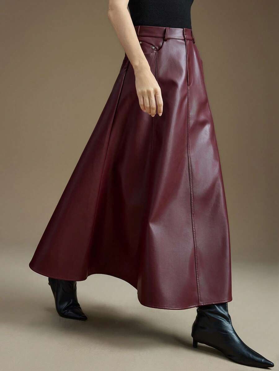 Ontre Women's Loose A-Line Leather Skirt, Suitable For Urban Commute, Business Casual, Office Wear, Teacher, Elegant Style, Valentine's Day - Burgundy - View 1