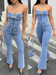 Jeanoix Y2K 女式挂脖拉链休闲喇叭腿牛仔连体裤 - 藍色 - 查看 1