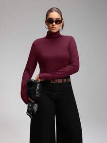 SHEIN EZwear Plus High Neck Thumb Hole Crop Tee Spring Clothes/Winter - Burgundy - View 10