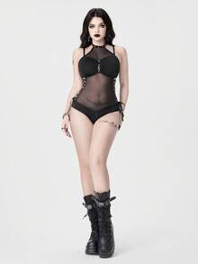 ROMWE Grunge Punk Gothic Fishnet Pentagram Crotchless Bodysuit - Black - View 7