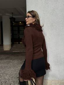 SHEIN BAE Áo len dài tay cổ chữ V tua rua ôm sát bằng lông nhân tạo chắp vá dành cho nữ - Cà phê nâu - Xem 4