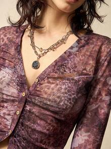 Bohemela 女士休闲针织长袖V领上衣，花卉豹纹网纱印花，纽扣前襟豹纹印花冬季女装上衣假日 - 彩色 - 查看 6