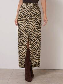 COSMINA 女士高腰斑马纹开衩长款牛仔裙 - 彩色 - 查看 6