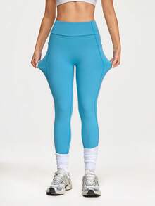 SHEIN Sovereign Charm Women's High Waist Blue Yoga Leggings With Pockets,Tummy Control Compression Fit Athletic Running Gym Activewear,4-Way Stretch Workout Slim Leggings - Baby Blue - View 3