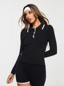 SHEIN Sports Regular Contrast Color Button Slim Fit Sports Long Sleeve Polo Shirt - Black - View 3