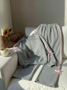 SHEIN 2 件套青少年女孩休闲度假舒适可爱蝴蝶结撞色松紧带花卉灰色 2 件套