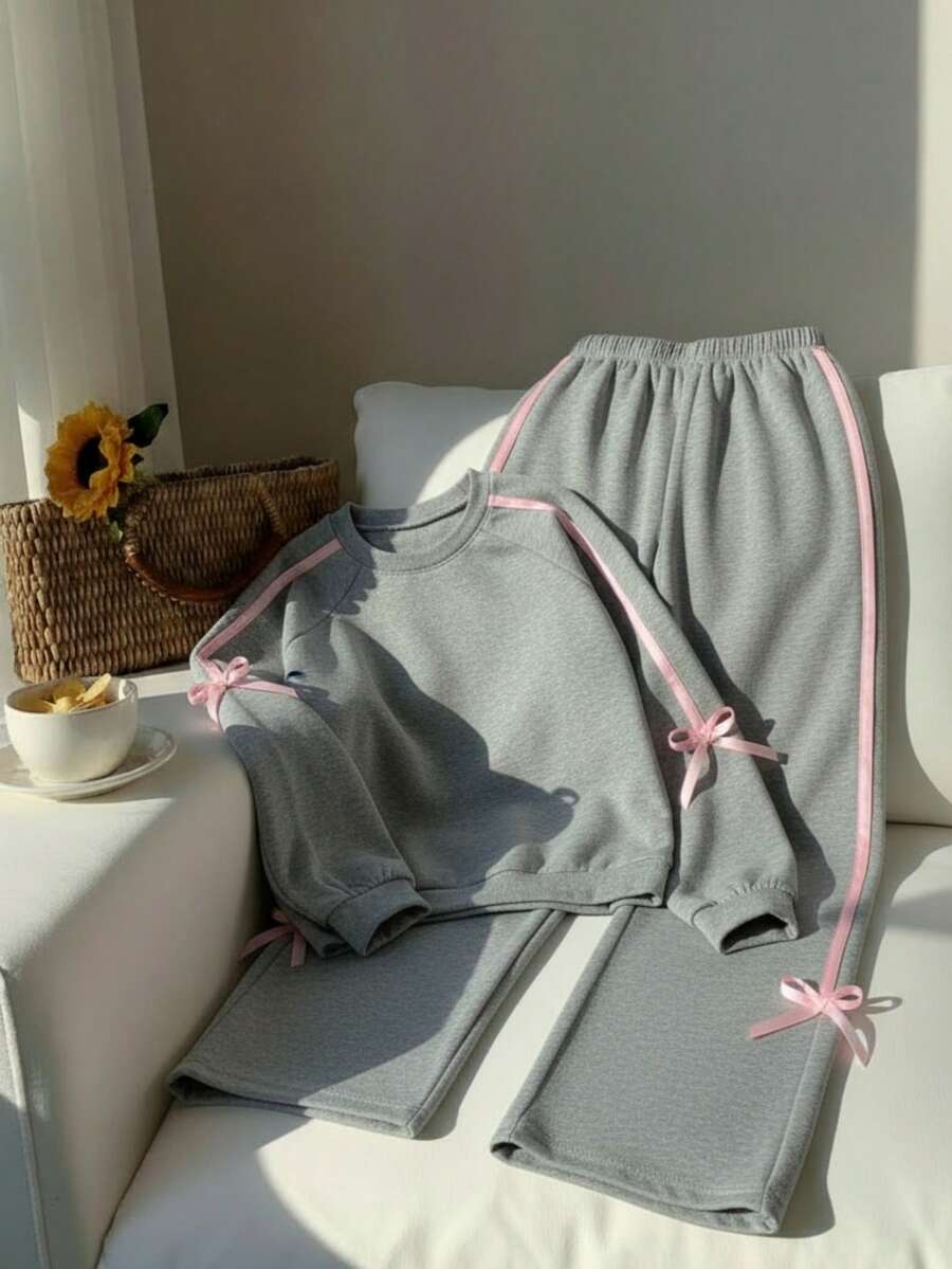 SHEIN 2 件套青少年女孩休闲度假舒适可爱蝴蝶结撞色松紧带花卉灰色 2 件套