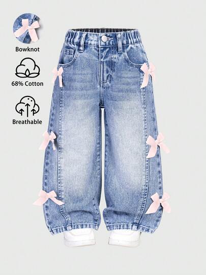 Elladie kids 年轻女孩做旧复古时尚个性化前开衩漂白牛仔阔腿修身百搭四季蓝色牛仔裤，休闲风格