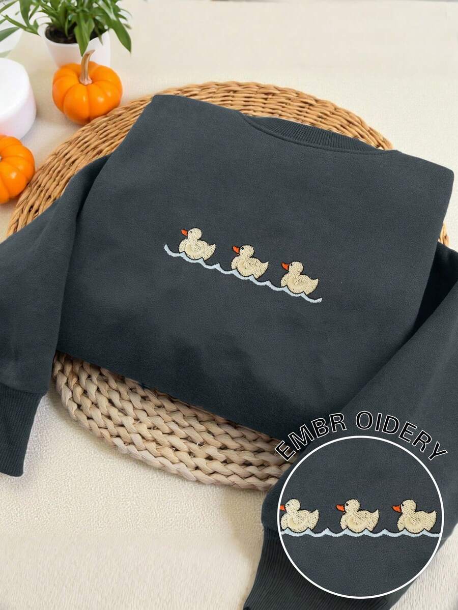 INAWLY Áo nỉ thêu hình vịt cổ tròn tay dài thường ngày cho nữ, Thu/Đông - Màu xám đen - Xem 1