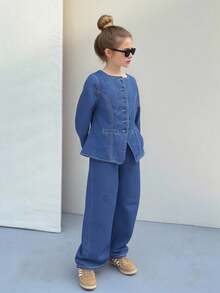 SHEIN Tween Girls Fashion Long Sleeve Button-Up Denim Shirt & Pants Set Girls Spring And Autumn Suit Two Pieces Denim Set - Dark Wash - View 3