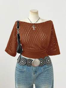 Sweetra Top de Manga Curta Elegante e da Moda Estilo Y2K Escuro para Mulheres Plus Size, Adequada para Uso na Primavera, Verão e Outono, Apropriada para o Dia a Dia - Caramelo - Visão 3