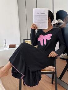 SHEIN 女士蝴蝶结刺绣拼接荷叶边下摆舒适针织睡裙，适合秋冬季穿着 - 彩色 - 查看 6