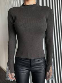 DAZY Women Lace Patchwork Fitted Long Sleeve Pullover Sweater,Fall Clothes