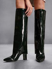 CUCCOO SZL 女式户外尖头粗高跟鞋黑色 PU 光面材质时尚简约日常和派对侧拉链靴 - 黑色 - 查看 10