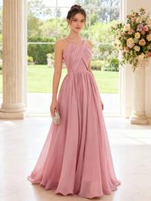 SHEIN Pitira 少女派对装粉色连衣裙，优雅，荷叶边领口，婚礼，婚礼宾客，花童，戒指男孩，派对礼服 - 粉色 - 查看 1