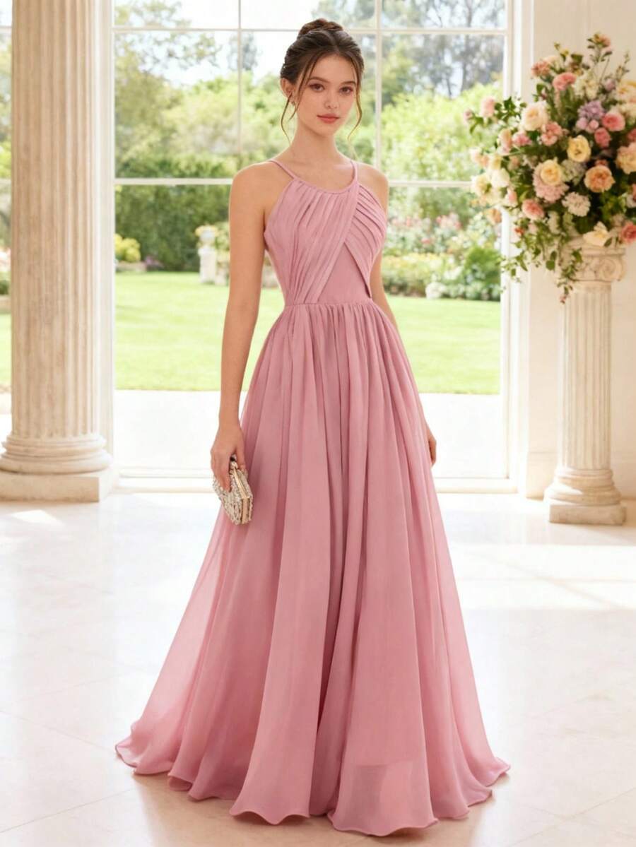 SHEIN Pitira 少女派对装粉色连衣裙,优雅,荷叶边领口,婚礼,婚礼宾客,花童,戒指男孩,派对礼服 - 粉色 - 查看 1