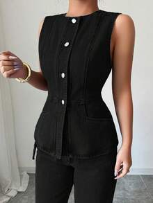 Elenzga 女士休闲日常通勤简约纯色无袖单排扣修身牛仔上衣和直筒牛仔裤套装 - 黑色 - 查看 5