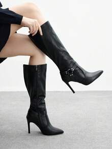 CUCCOO BIZCHIC Botas Pretas Altas até o Joelho de Fivela de Alta Qualidade para Outono/Inverno, Botas Femininas Elegantes de Bico Fino e Salto Fino, Botas Longas Versáteis e da Moda de Novo Estilo, Exibindo Charme Feminino e Elegância - Preto - Visão 5