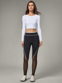 Hanevo 女士撞色滚边修身拼接透视健身运动紧身裤 - 黑色 - 查看 3