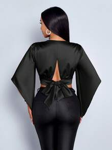 SOLERSUN 女士办公室老钱风格春夏优雅通勤商务休闲 V 领腰部聚集光泽缎面面料不对称荷叶边饰边衬衫，派对情人节约会度假秋季衬衫上衣秋冬感恩节返校教师万圣节节日性感优雅 - 黑色 - 查看 2