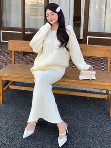 DAZY 女士优雅针织毛衣半裙两件套，适合秋冬季、新年、圣诞节、婚礼等场合。 - 米色 - 查看 11
