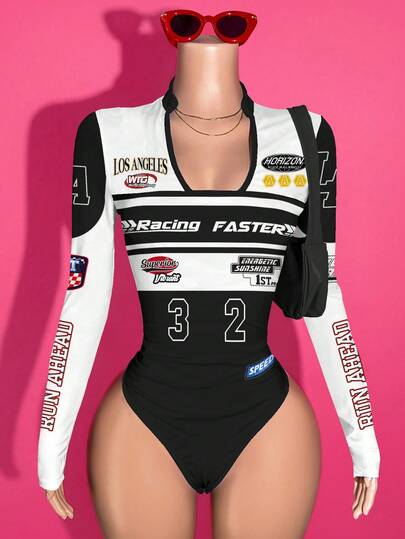 Slaydiva Macacão Casual de Rua Y2K Decote em V de Manga Longa, Macacão Rave/Macacão Sexy/Roupas de Outono para Mulheres/Roupas Y2K/Streetwear/Roupa para Sair/Gráfico F1 RACING/Gráfico de Motocicleta/Macacão de Manga Longa