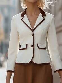 EMERY ROSE Women's Single-Breasted Contrast Trim Blazer & A-Line Skirt Elegant Casual Commute Fashion French Street Vintage Business Holiday Outfit, Apricot Blazer & Brown Skirt, Autumn/Winter 2-Piece Suit - Multicolor - View 4