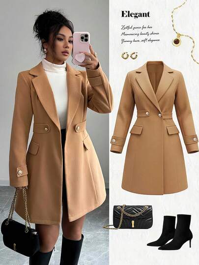 Selianne Abrigo largo de manga larga ajustado y de longitud media, reversible, con cuello, diseño de bolsillos falsos, botones decorativos de metal y color marrón-amarillo elegante y versátil para uso diario