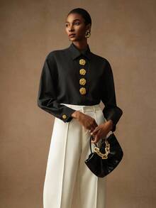 Vesra Camisa de manga larga con botones y estampado floral de unicolor para mujer