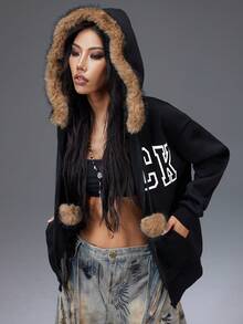 Bloopia Sudadera con capucha y cremallera con bordado de letras para mujer