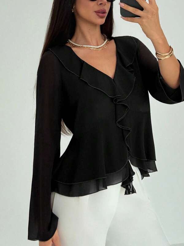 Aloruh Women's New Stylish Commuting Daily Casual Bohemian Ruffle Decor Deep V-Neck Long Sleeve Fitted Blouse