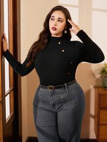 SHEIN Clasi Plus Size Women's Solid Color Stand Collar Button Design Fitted Sweater, Autumn/Winter - Black - View 8