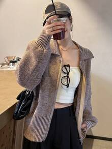 FRIFUL 女式灰色翻领落肩长袖双拉链下摆罗纹宽松休闲套头衫，秋季